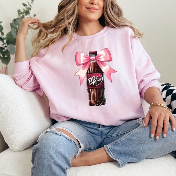 Womens‎ Dr. Pepper With Pink Bow Coquette Trendy Crewneck Sweatshirt DP Lover - Picture 5 of 5